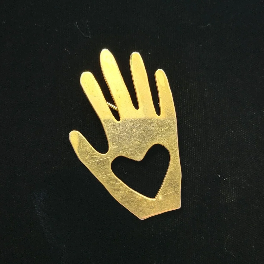 Vintage‎ Unsigned Gold Tone Heart in Hand Cut Out Over 2 Inches Brooch Love